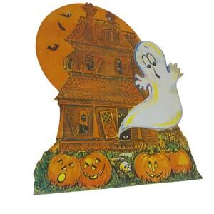 Vintage 1980s Halloween Ghost Pumpkin Haunted House Die Cut
